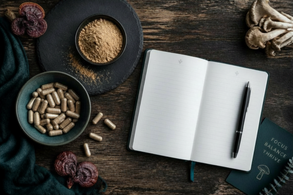 Open blank journal and pen beside bowls of mushroom powder and capsules with dried mushrooms and a notebook reading focus balance thrive