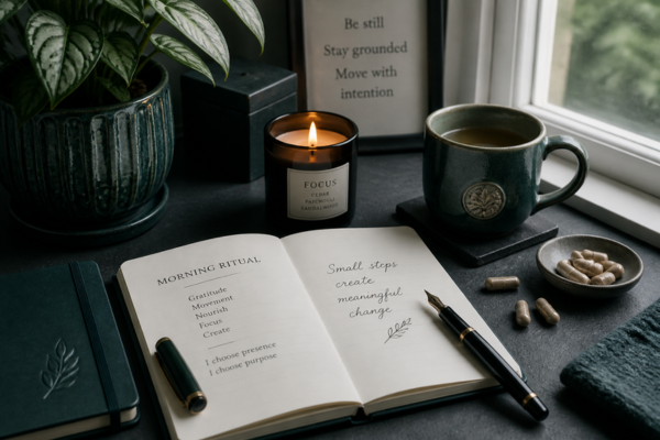An open journal reading small steps create meaningful change beside a fountain pen, a lit candle, a mug of tea and a dish of capsules on a windowsill