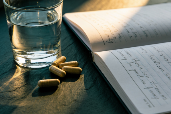 A glass of water and several mushroom capsules beside an open handwritten journal on a dark slate surface