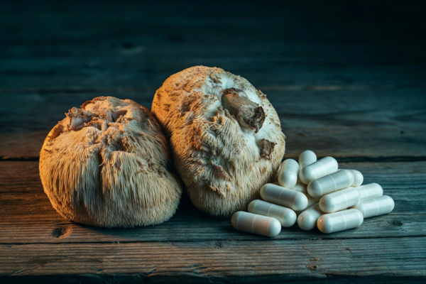 Two whole lion's mane mushrooms beside a pile of cream supplement capsules on a dark wooden surface
