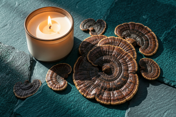 A lit candle beside dried reishi mushrooms on a teal slate surface, evoking calm and stress relief