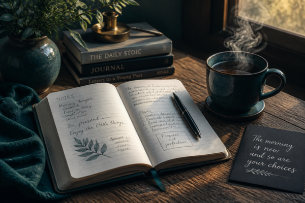 An open journal with handwritten reflections beside a steaming cup, a stack of books and a potted plant on a wooden desk