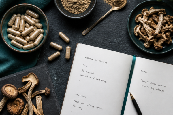 Open journal with morning intentions beside bowls of mushroom capsules, powder and dried mushrooms on a dark slate surface
